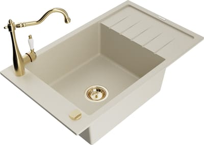Mexen Elias granieten spoelbak 1-komorige met afdruiprek en keukenmengkraan Carla, beige - 6511-69-670700-50