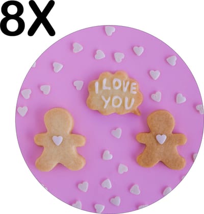 Luxe Ronde Placemat - I Love You Koekjes met Roze Achtergrond - Set van 8 Placemats - 50x50 cm - 2 mm dik Vinyl - Anti Slip - Afneembaar