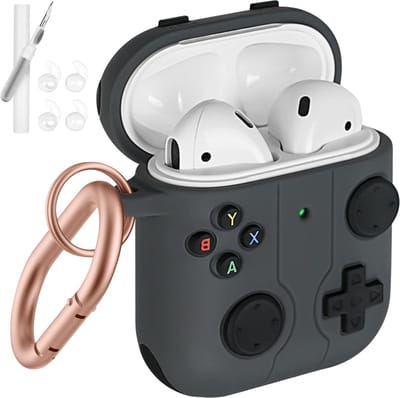 Zachte siliconen beschermhoes - compatibel met AirPods 2 & 1 - inclusief reinigingspen en hoofdtelefoonhoes - schokabsorberend - met karabijnhaak