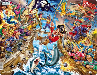 Larsen Het piratengevecht – Puzzel – Fantasie en verhaal – Piraten – Educatieve legpuzzel voor kinderen – 39 stukjes – Gemaakt in Noorwegen – Extra dikke 2,5 mm stukjes – Tray met vaste rand