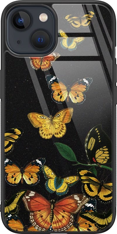 Hoesje geschikt voor iPhone 13 - Vlinders - Luxe Glazen Hardcase - Hippe print - Multi - Leuke Telefoonhoesjes