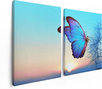 Artaza Canvas Schilderij Tweeluik Blauwe Vlinder Bij Paardenbloemen - 120x80 cm - Wanddecoratie Woonkamer - Schilderijen - Muurdecoratie
