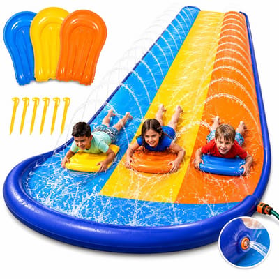 ITRONIQ Waterglijbaan 3 Banen - Slip and Slide Met Sproeiers - Inclusief 3 Bodyboards - Waterspeelbaan Voor Kinderen - 686x203 cm