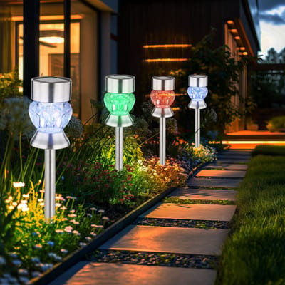 Buitenverlichting solarlamp tuindecoratie RGB kleurverandering glazen kristallen plug-in lamp, roestvrij staal kunststof zwart, LED 5000K koud wit, H 35 cm, set van 4