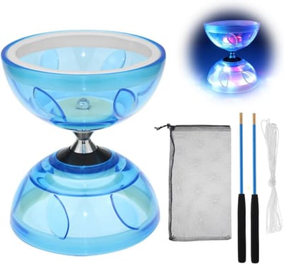 Diabolo Vrijloper - Jongleer Set - Oefenen en Optreden - Kogellagers en Lichtgevend - 15 cm Hoog - Blauw