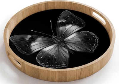 Dienblad rond 40x40 cm - Schootdienblad hout - Vlinder - Grijs - Mysterieus - Borrelplank rechthoek - Plateau houten dienbladen