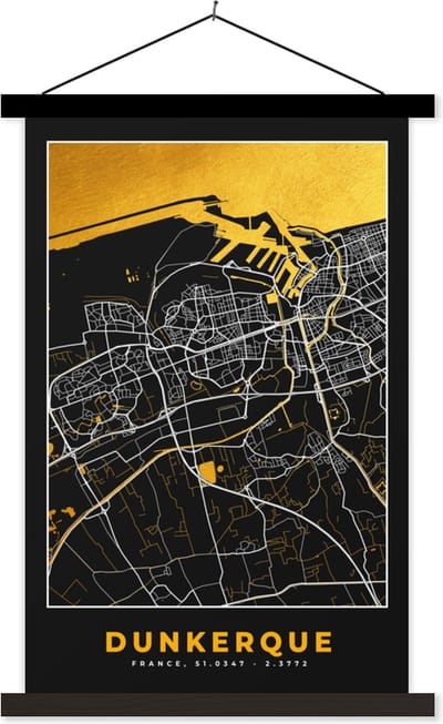 Posterhanger incl. Poster 40x60 cm - Schoolplaat - Stadskaart – Plattegrond – Kaart – Dunkerque - Frankrijk - Textielposter - Zwarte latten - Stadskaart