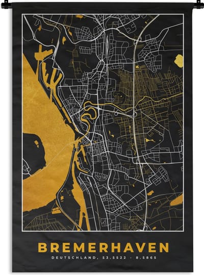 Wandkleed - Wanddoek - Bremerhaven - Goud - Stadskaart - Plattegrond - Kaart - Duitsland - 120x180 cm - Wandtapijt