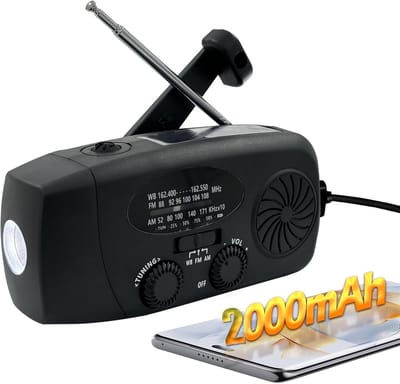 Noodradio met handaandrijving en LED-zaklamp, draagbare NOAA AM/FM-weerradio met 5000 mAh-telefoonoplader, USB-oplaadfunctie en zonne-energie voor kamperen, noodgebruik (zwart)