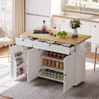 Clruro Keukeneiland - 137 x 89.5 x 45 cm - Keukenkast met Klapblad, 2 Laden en Rollen - MDF - Wit