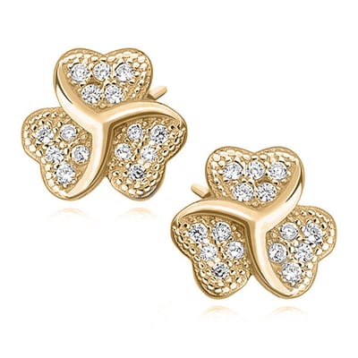 Joy|S - Zilveren klaver oorbellen - 8 mm - zirkonia - gold plated - klavertje oorknoppen
