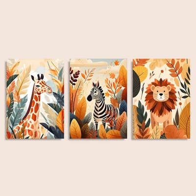 Set van 3 Canvas 'Gekleurde Safari Dieren' - 30x40cm - Posters zonder Lijst - Giraffe - Zebra - Leeuw - Muur Decoratie - Babykamer - Kinderkamer