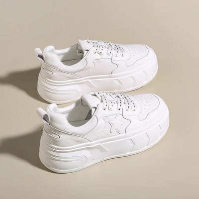 Echt Lederen Platform Sneakers Dames Lente en Zomer Nieuwe Veelzijdige Sneakers met Sterpatroon Witte Schoenen Damesschoenen 40