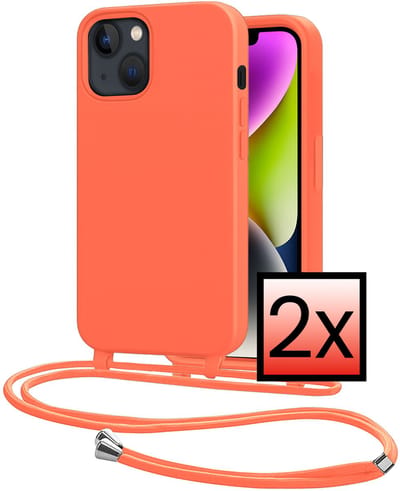 Hoes Geschikt voor iPhone 13 Mini Met Telefoonkoord - Siliconen Hoesje Backcover Met Ketting - Papaya - 2 PACK