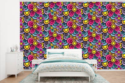 Behang - Fotobehang Patroon - Hippie - Bloemen - Paars - Breedte 345 cm x hoogte 220 cm