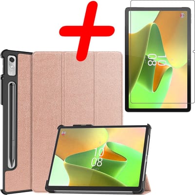 Hoesje Geschikt voor Lenovo Tab P11 Pro - Met Screenprotector - Trifold Bookcase - Hard Cover Case - Met Uitsparing Geschikt voor Lenovo Pen - Hardcover Book - Tablet Hoes - Rosé goud
