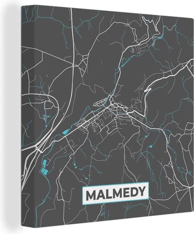 Canvas Schilderij Plattegrond – Malmedy – Blauw – Stadskaart - Kaart - België - 20x20 cm - Wanddecoratie