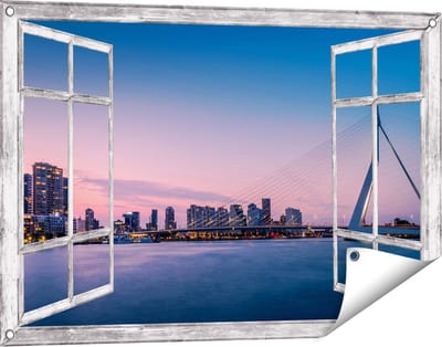 Gards Tuinposter Doorkijk Erasmusbrug in Rotterdam met Zonsondergang - 90x60 cm - Tuindoek - Tuindecoratie - Wanddecoratie buiten - Tuinschilderij