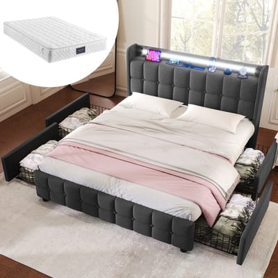 REDOM gestoffeerd tweepersoonsbed 140x200 cm – Hout grijs – 4 laden met wielen – Hoofdbord met 2 stopcontacten & 2 USB – LED met afstandsbediening – Incl. 7-zones H3 matras (620 veren)