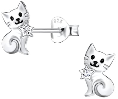 Joy|S - Zilveren kat poes oorbellen - zilver met ster - 7 x 9 mm - sterling zilver 925