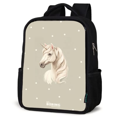 NoBoringSuitcases.com® - Rugzak zwart - Schooltas jongen & meisje - Eenhoorn omringd door stippen in neutrale kleuren - Rugtas voor school - Boekentas kind - Schoolrugzak - Kinderrugzak