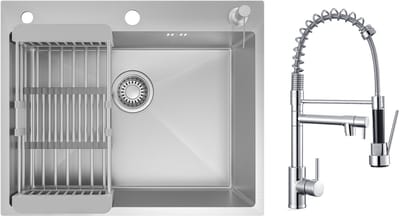 CECIPA max Spoelbak RVS (60x49CM) - Spoelbak Keuken Met keukenkraan met uittrekbare uitloop - Spoelbak Met Kraangat - Spoelbak Met Zeepdispenser - Verstelbaar Mandje - Overloop en Sifon