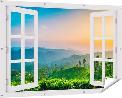 Gards Tuinposter Doorkijk Zonsondergang op een Thee Plantage - 150x100 cm - Tuindoek - Tuindecoratie - Wanddecoratie buiten - Tuinschilderij