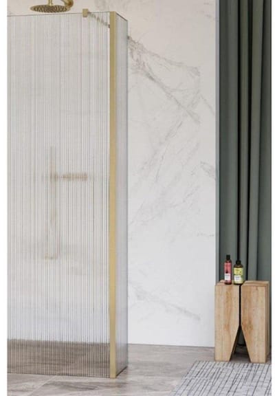 FugaFlow Eccelente Vetro zijwand - 40x200cm - ribbel glas - 8mm - met hoekprofiel - geborsteld messing -