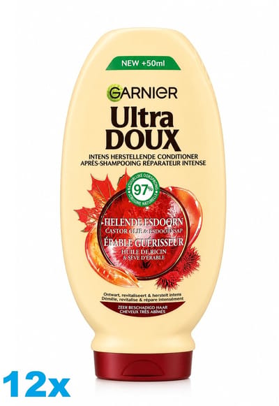 Garnier Ultra Doux Conditioner Helende Esdoorn – 12 x 250 ml – Castorolie & Esdoornsap – Voor Zeer Beschadigd Haar
