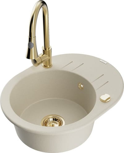 Mexen Kevin granieten spoelbak met 1 bak, afdruiprek en Elia keukenkraan, beige - 6517-69-670101-50