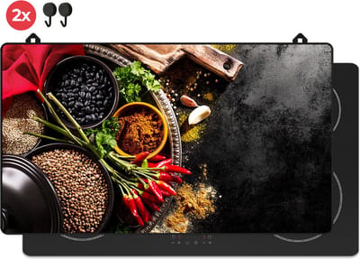 KitchyMist Inductie Beschermer 90x52 cm - Pittige Kruiden en Specerijen - Kookplaat Beschermer - Afdekplaat voor Kookplaat - Inductie Mat - Spatscherm Achterwand Keuken