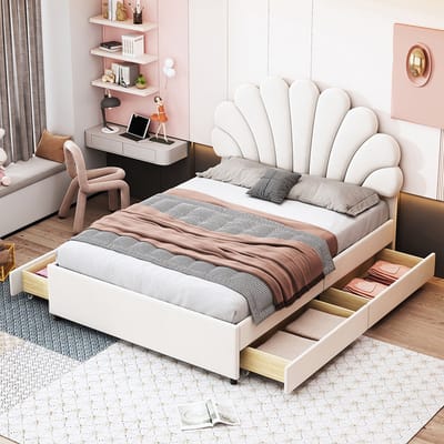 Pugsdrly 140 x 200 cm Gestoffeerd bed met opbergladen Tweepersoonsbed met bloemvormig hoofdeinde Huidvriendelijke fluweelstof in beige voor volwassenen en jeugd