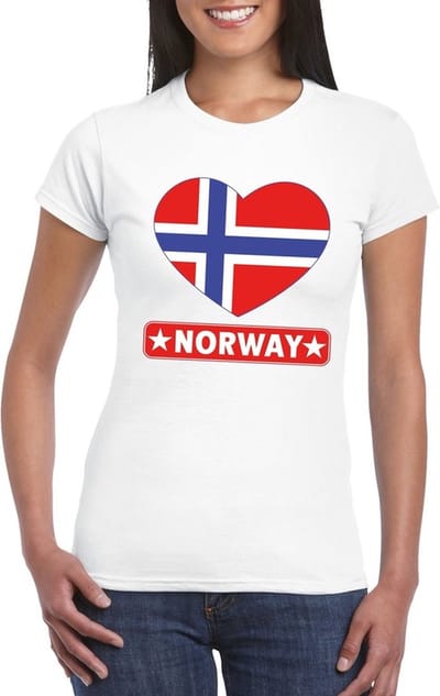 Noorwegen t-shirt - met hartjes vlag print - wit - voor dames - korte mouwen - landen supporters S
