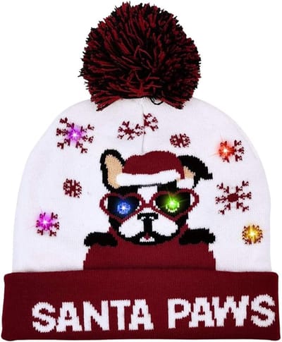 LED-kerstmuts, oplichtende kerstmuts, unisex gebreide muts, feestmuts, cartoon puppypatroon, geschikt voor feestjes Kerst Gebreide Hoed