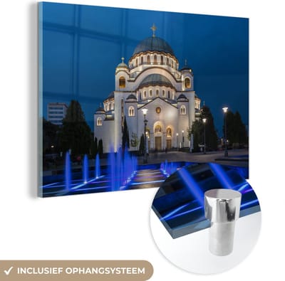 ® Glasschilderij 180x120 cm - Schilderij acrylglas - De kathedraal van Saint Sava in de avond in Belgrado - Foto op glas - Muurdecoratie woonkamer - Wanddecoratie slaapkamer - Schilderijen