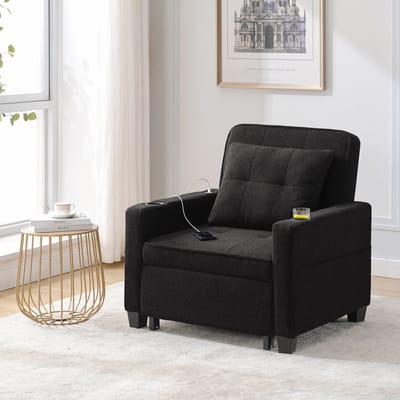 DESMIU Fauteuil 87 Cm - 3-In-1 Uitschuifbare Slaapstoel Met Verstelbare Rugleuning, Bekerhouders En Usb Aansluiting - Voor Kleine Ruimtes - Stof Zwart