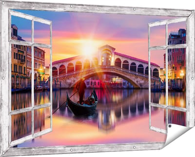 Gards Tuinposter Doorkijk Gondel bij de Rialtobrug in Venetië, Italië - 150x100 cm - Tuindoek - Tuindecoratie - Wanddecoratie buiten - Tuinschilderij