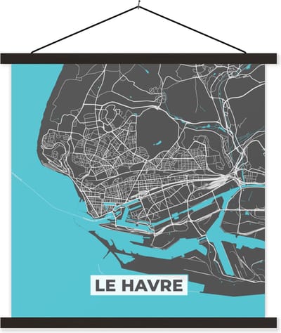 Posterhanger incl. Poster 60x60 cm - Schoolplaat - Le Havre - Plattegrond - Kaart - Stadskaart - Frankrijk - Textielposter - Zwarte latten - Stadskaart