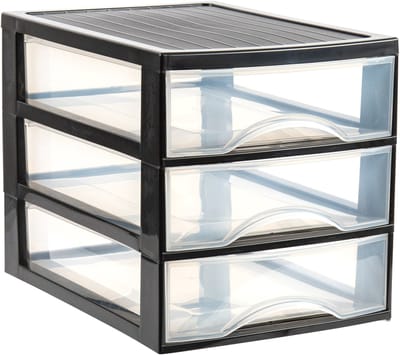 Plasticforte Ladekastje bureau organizer - 3 lades - zwart/transparant - H27 x B25,5 x D35 cm - kunststof