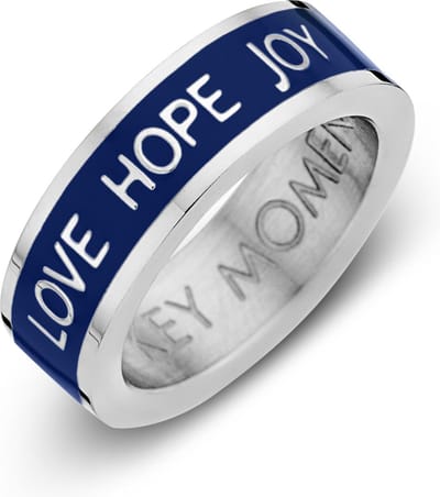 Key Moments Color 8KM-R0016 54 Stalen Ring met Tekst - Love Hope Joy - Ringmaat 54 - Zilverkleurig / Blauw