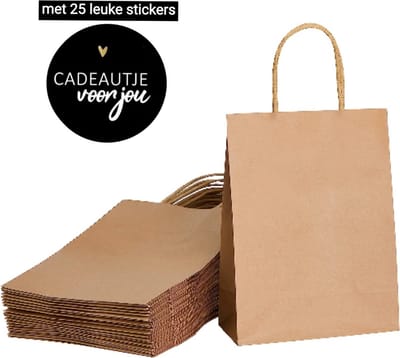 25 x papieren draagtassen Van Bruine Kraftpapier Met Gevlochten Oren 18x8x22cm en stickers cadeautje voor jou/ Kraft Papieren Tasjes Met Handvat/ Cadeautasjes met gedraaid handgrepen / Zakjes/