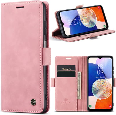Geschikt Voor Samsung A14 Hoesje - Solidenz Urban Bookcase A14 - Telefoonhoesje A14 - A14 Case Met Pasjeshouder - PU Leren Hoes - Draadloos Opladen - Roze