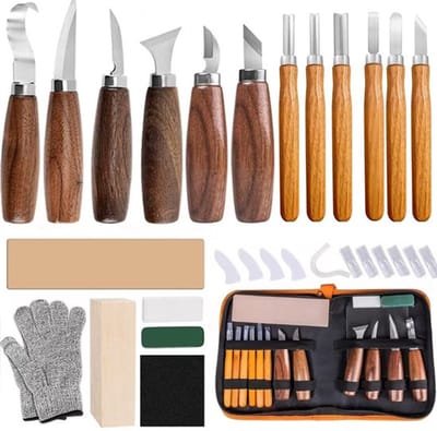 19-Delige Houtgraveerset - Complete Houtwerkgereedschapset - Whittling Starter Kit - Handgereedschap met Mes en Lepelblanks - Beginner Kit voor Kinderen en Volwassenen - DIY Houtwerk Accessoires