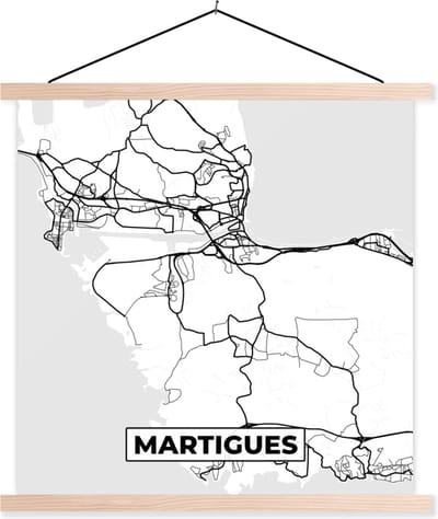 Posterhanger incl. Poster 40x40 cm - Schoolplaat - Stadskaart – Martigues - Plattegrond – Kaart – Frankrijk - Zwart wit - Textielposter - Blanke latten - Stadskaart