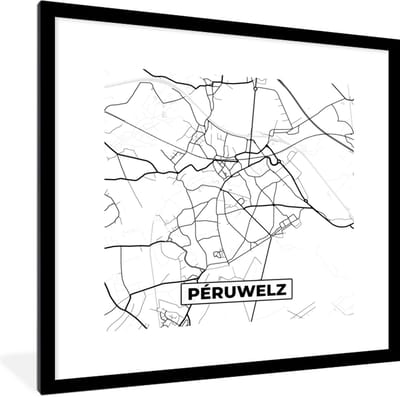 Fotolijst incl. Poster Zwart Wit- België – Péruwelz – Stadskaart – Kaart – Zwart Wit – Plattegrond - 40x40 cm - Posterlijst