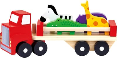 Houten Vrachtwagen - Dierentransporter - Kinderen Spelen - 6 Delig Inclusief Dieren - 27 cm - Veelkleurig