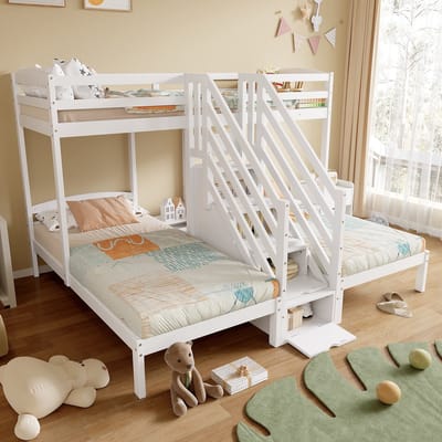 MODFU Bedframe 90x200 cm – Wit grenenhout – 3 slaapplaatsen met opbergladder – EN747 veilig – Kindermeubel