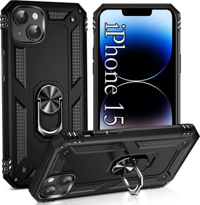 Casemania Hoesje Geschikt voor Apple iPhone 15 Zwart - Anti-Shock Hybrid Armor Back Cover - Hoes met Kickstand Ring