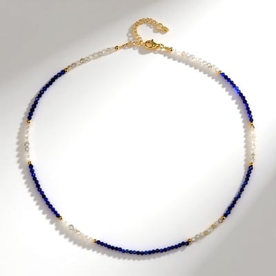 Cavill - 925 Sterling Zilver Halsketting - Verguld - Lapis Lazuli 12 23 ct & Cambodjaanse Zirkonia 19 08 ct - Luxe Dames