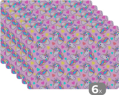 Placemat - Placemats kunststof - 45x30 cm - Eenhoorn - Regenboog - Patronen - 6 stuks - Borden onderleggers antislip - Tafel decoratie - Luxe tafelversiering - Tafelmat vinyl - Bord onderlegger - Tafeldecoratie accessoires